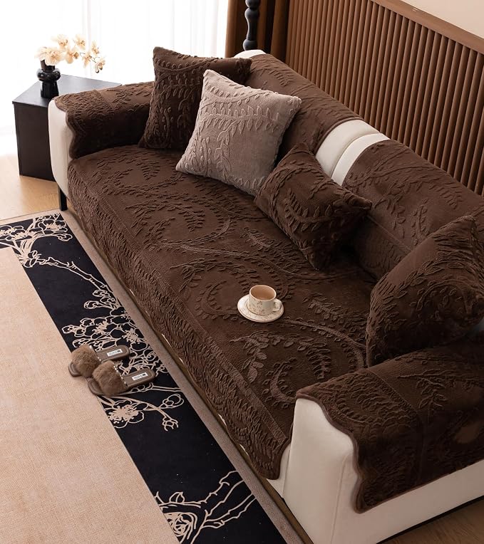 Fuzzy Rabbit Plush Sofa Cover Cozy Warm Sofa Couch Covers with 3D Jacquard Leaf Pattern Non-Slip Easy-to-Install Shaggy Sofa Slipcover Prefect for Kids Dogs Cats Cats(Caramel,36"x94")