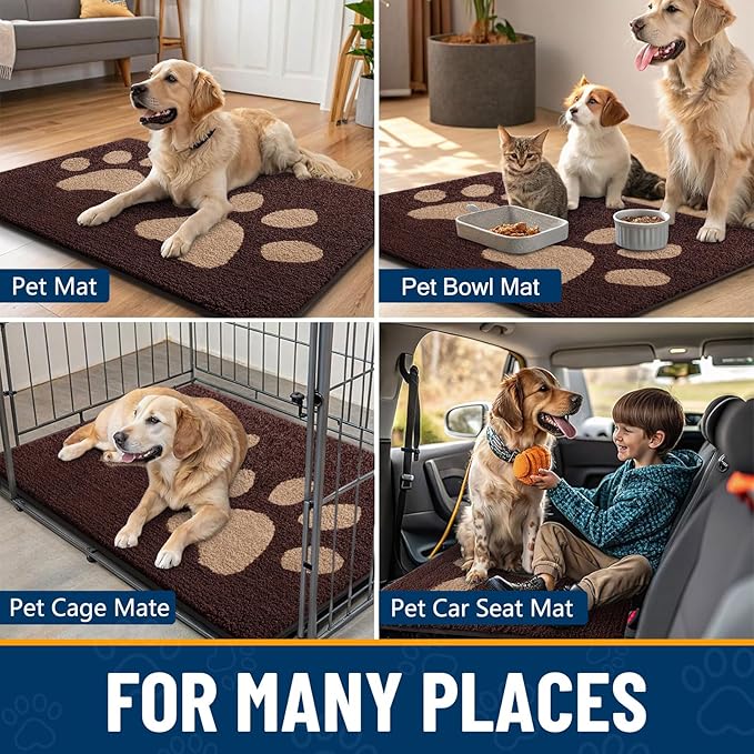 Smiry Dog Door Mat for Muddy Paws, Absorbs Moisture and Dirt, Low-Profile Entryway Mat with Non-Slip Backing, Entry Indoor Outdoor Doormat for Inside Floor (59x24 Inches, Brown, Paw)