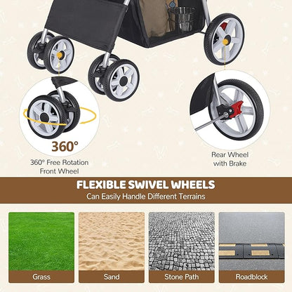 ZENY Foldable Pet Stroller, Cat/Dog Stroller with 4 Wheel, Pet Travel Carrier Strolling Cart with Storage Basket, Cup Holder (Black)