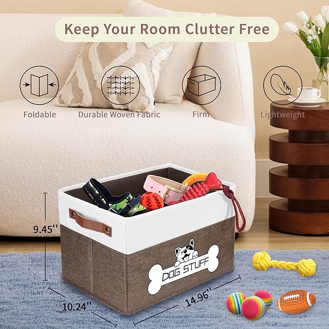 Foldable Dog Toy Box, Fabric Pet Storage, Folding Organizer Home Décor Bin with Handle, Collapsible Storage Basket for Pet Leash, Blanket, Chew Toys and Accessories, Coffee