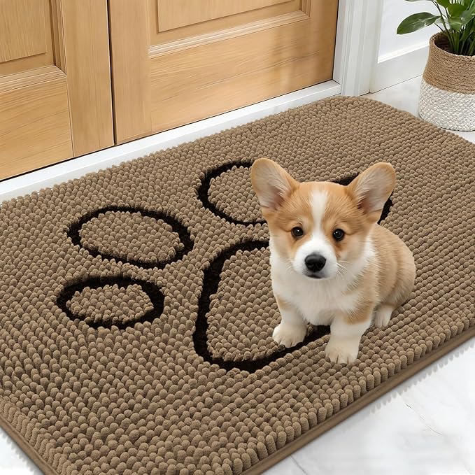 OLANLY Dog Door Mat for Muddy Paws 24x16, Paw Print Design, Absorbs Moisture and Dirt, Absorbent Non-Slip Washable Doormat, Quick Dry Chenille Mud Mat for Dogs, Entry Indoor Entryway Carpet, Tan