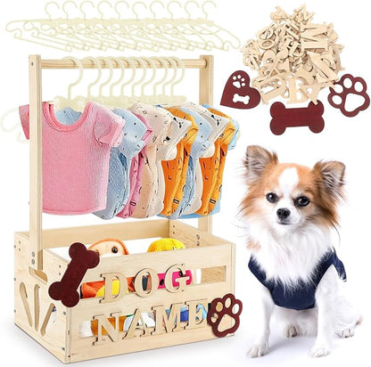 Teenyyou 20 x 13 x 9 Wooden Dog Closet Pet Wardrobe Crate Box with Hanging Rods and Personalized Alphabet Letters Easy Assembly Baskets for Dog Cat Toys Clothes Accessories(Wood)