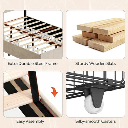 WLIVE Queen Size Upholstered Bed Frame with 4 Drawers and Velvet Square Tufted Headboard, Sturdy Metal & Wooden Slats Support, No Box Spring Needed, Easy Assembly, Beige