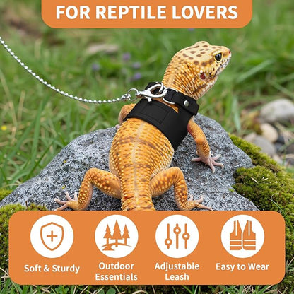 3 Pack Bearded Dragon Leash and Harness Set for Small Animals, 6.5FT Leash with 3 Sizes Adjustable Harness for Lizard Walking Adventure, Soft Vest Clothes for Squirrel Reptile Lovers -Black