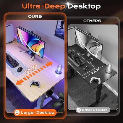 Huuger 55 x 28 Large Electric Standing Desk, Height Adjustable Desk, 27.6" Deep Desktop, Stand up Gaming Computer Office Desk with 2 Hooks, 3 Preset Heights, for Home Office, Natural