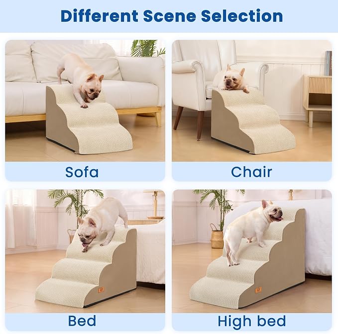 5 Step Dog Stairs for High Bed,Non-Slip Pet Ramp for Small Dogs and Cats | High-Density Foam Support with a Stable 5-Step Design for Easy, Comfortable Access to High Beds with Washable Cover,Khaki