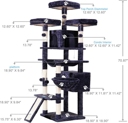 Hey-brother Cat Tree, 71 inches XL Large Cat Tower for Indoor Cats, Multi-Level Cat House with 3 Padded Perches, Big Scratcher, Cozy Basket, 2 Cat Condos and Scratching Posts, Smoky Gray MPJ034G