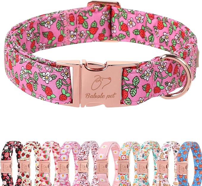 Sweet Strawberry Dog Collar, Cute Pink Summer Pet Collar with Metal Buckel, Durable Adjustable Designer Dog Collars for Small Medium Large Dogs M