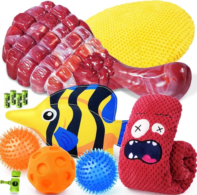 KIPRITII 12-Pack Large Dog Chew Toys for Aggressive Chewers - Includes Tough Chew Bone, Interactive Tug Toys, Squeaky Toys, Great for Medium & Large Breeds Dog