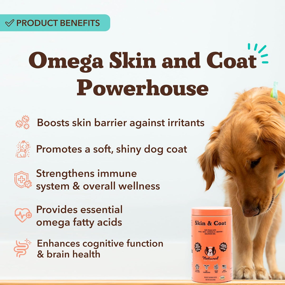Natural Dog Company Skin & Coat Supplement for Dogs Omega-3 Rich Salmon Oil Chews for Itchy Skin Relief, Shedding & Allergy Support, Shiny Coat Health, with Biotin, Vitamin E, Grain-Free (180 Count)