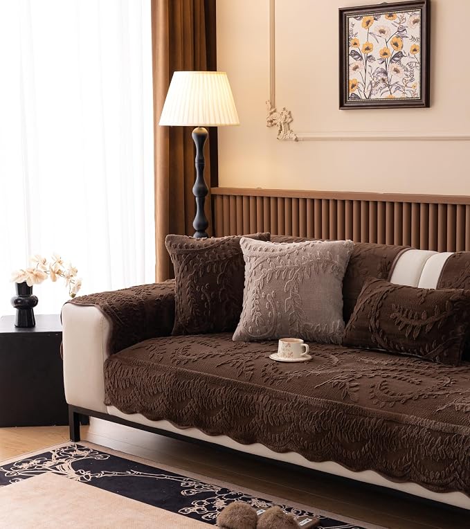 Fuzzy Rabbit Plush Sofa Cover Cozy Warm Sofa Couch Covers with 3D Jacquard Leaf Pattern Non-Slip Easy-to-Install Shaggy Sofa Slipcover Prefect for Kids Dogs Cats Cats(Caramel,36"x82")