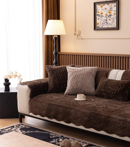 Fuzzy Rabbit Plush Sofa Cover Cozy Warm Sofa Couch Covers with 3D Jacquard Leaf Pattern Non-Slip Easy-to-Install Shaggy Sofa Slipcover Prefect for Kids Dogs Cats Cats(Caramel,36"x82")