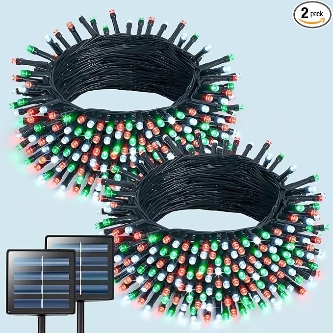 JMEXSUSS 2 Pack Red White and Green Solar Christmas Lights, Total 400 LED 151FT Solar String Lights Outdoor Waterproof, 8 Modes Solar Lights for Outside Tree Patio Christmas Decorations