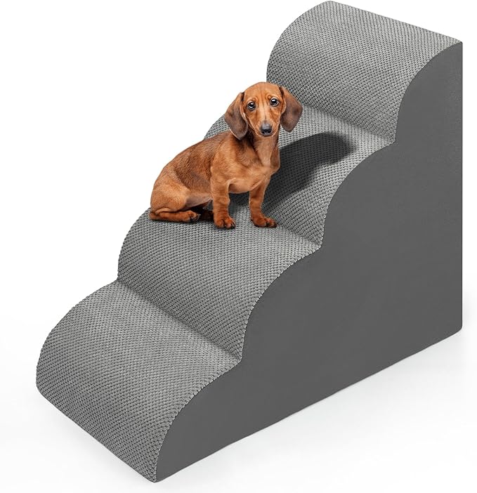 Dog Stairs for Bed 28.7”H, 4 Extra Deeper Ramp/Steps for Small Dogs & Cats to get on High Bed or Couches, Grey