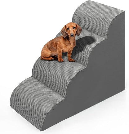 Dog Stairs for Bed 28.7”H, 4 Extra Deeper Ramp/Steps for Small Dogs & Cats to get on High Bed or Couches, Grey
