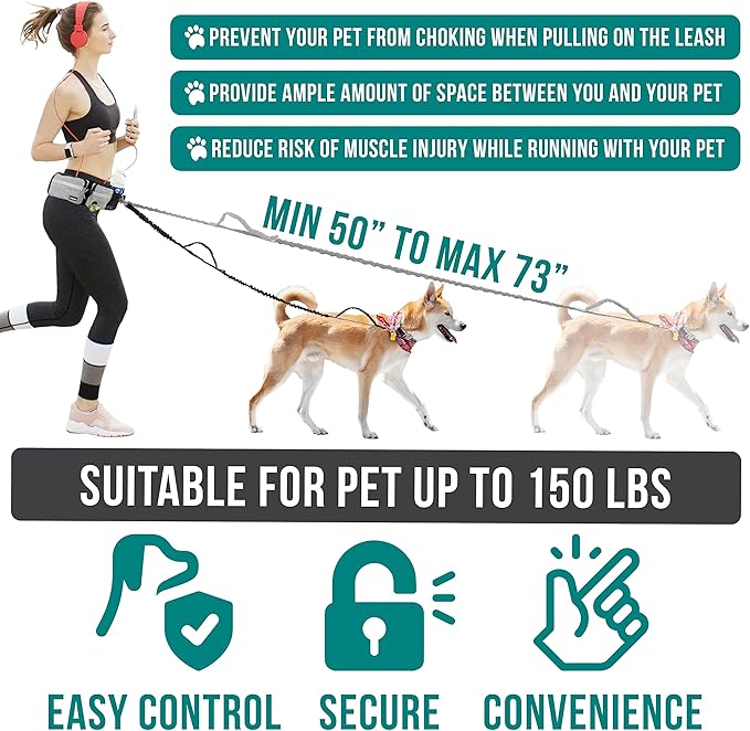 PetAmi Hands Free Dog Leash, Dog Running Leash Belt Bag for Walking, Jogging, Waist Double Zipper Pouch with Poop Bag Dispenser, Dual Padded Handle Reflective Leash, Single, Heather Grey, 1 Leash