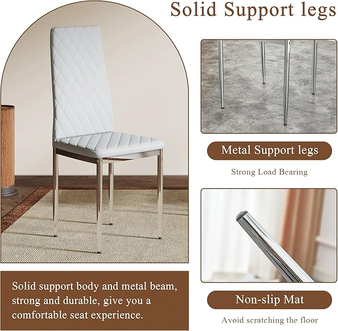 JT Modern Minimalist Dining Chair Fireproof Leather Sprayed Metal Pipe Diamond Grid Pattern Restaurant Home Conference Chair Set of 4 Or 6 (4, Gray Brown)