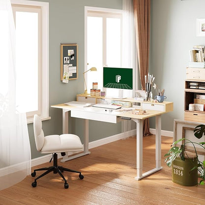 FLEXISPOT 4-Leg Standing Desk with Storage 63x32 in Electric Adjustable Height with 3 Drawers & Shelving Home Office Workstation (White + Maple Top)