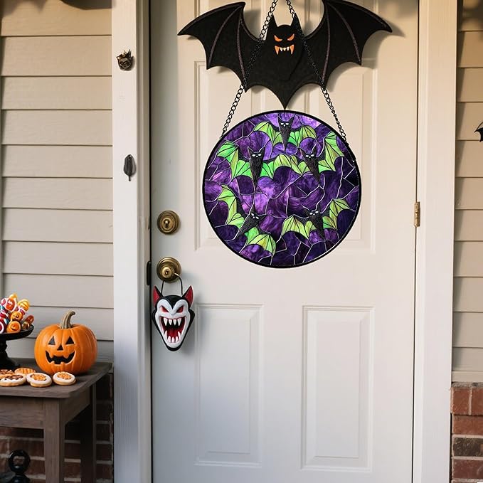 Stained Glass Window Hanging - Halloween Decorations Black Bat with Green Wings Suncatcher for Doors Garden Indoor Spooky Sun Catchers Gothic Decor Horror Gifts for Women Men Friend 6.3 in