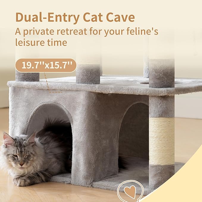 Heybly Cat Tree, 71-Inch Tall Cat Tower for Large Maine Coon Cats with Extra-Large Baseboard, Cat Condo Furniture with Multi-Level Platforms, 2 Hammocks and 12 Scratching Posts, Light Gray HCT037W