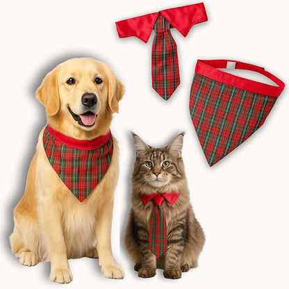 Red Plaid Pet Scarf & Tie Set – Adjustable Holiday Collar Accessory (Red Tie & Scarf Set, Medium)