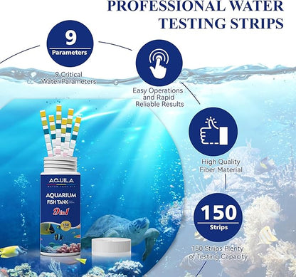 Aquarium Water Test Kit 9-in-1, Aquarium Ammonia Test Strips for Fish Tanks and Ponds, 150 Strips Testing pH Total Alkalinity Hardness Chlorine Nitrite Sulfate Copper Iron for Fresh and Salt Water