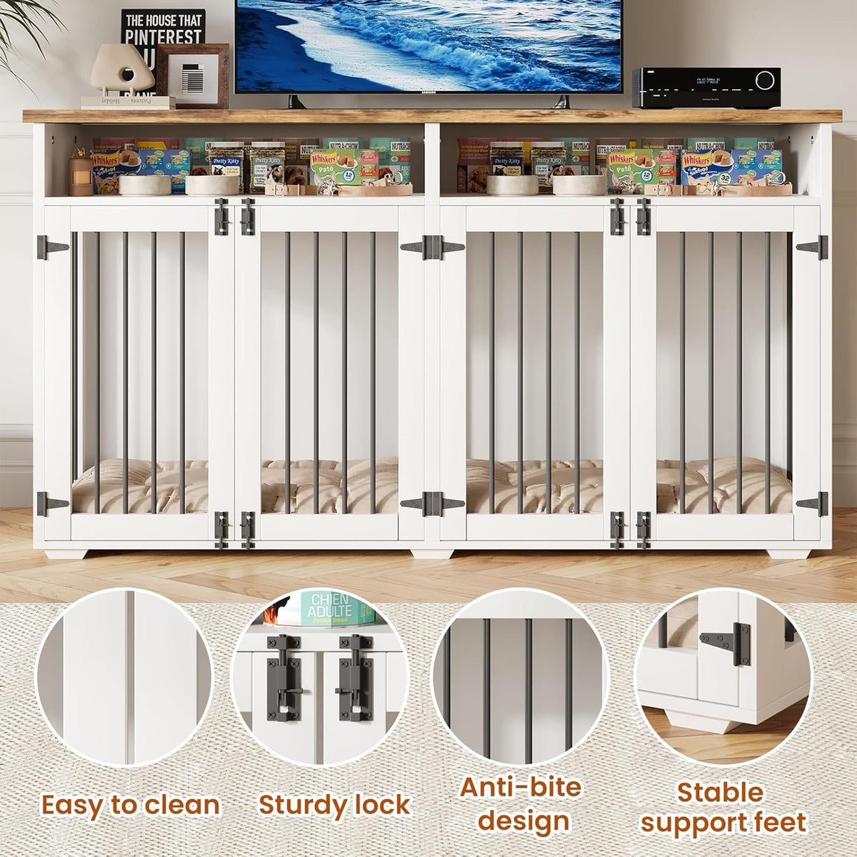 63'' Dog Crate Furniture for 2 Dogs, Wooden Dog Cage with Storage Compartment, Indoor Dog Kennel with 4 Doors for Large/Medium Dogs, White