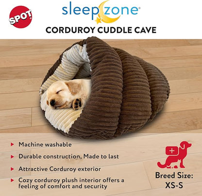 SPOT Sleep Zone Cuddle Cave - Cat Cave Bed for Indoor Cats and Mini Dogs, Durable, Comfortable, Washable for Kittens and Puppies Under 10 lbs and 12 inches Long, Corduroy Brown