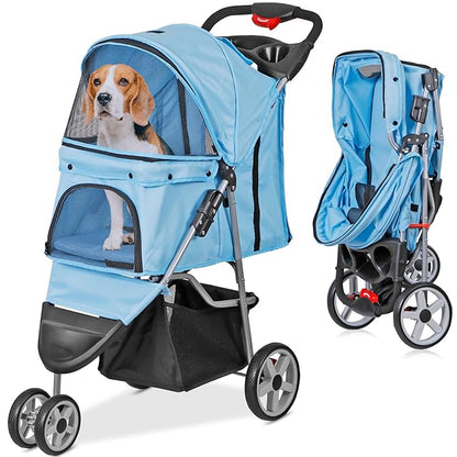 ZENY Foldable Pet Stroller, Cat/Dog Stroller with 3 Wheel, Pet Strolling Cart, Dog Travel Carrier with Storage Basket + Cup Holder (Blue)