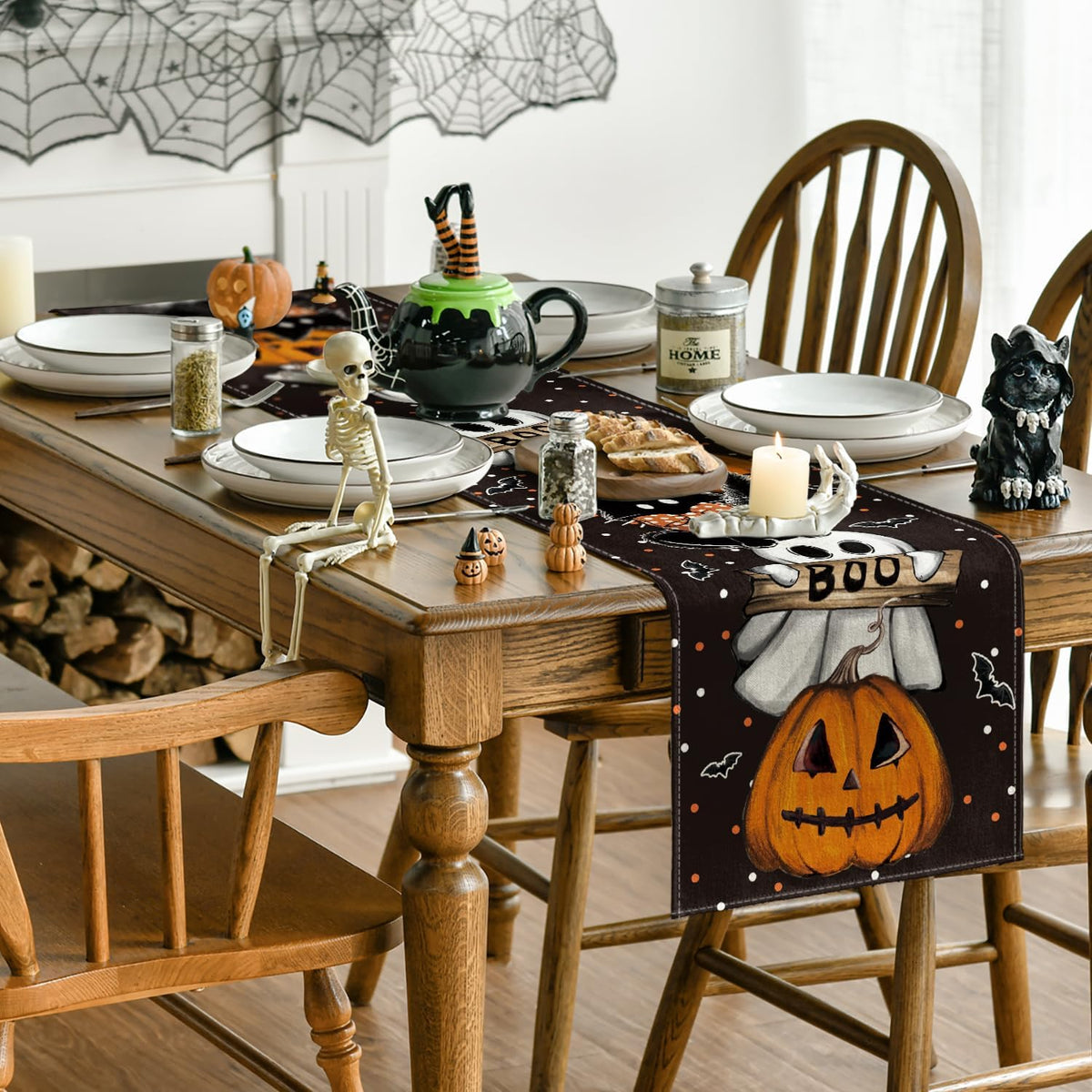 Artoid Mode Polka Dot Ghost Pumpkin Cat Boo 2PCS Halloween Table Runner, Bat Seasonal Fall Kitchen Dining Table Decoration Home Party Decor 13x72 Inch