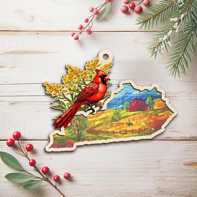 FLAGWIX Christmas Kentucky Gifts for Women Men - Suncatcher Ornaments 2025 for Xmas Decorations - Kentucky Ornament Christmas Decorations, Goldenrod Flowers and Northern Cardinal Xmas Ornaments Gifts