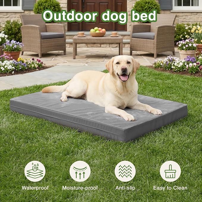 Waterproof Dog Beds Large Sized Dogs, Washable Orthopedic Pet Bed 36"x27" | Reversible Faux Leather & Flannel, Outdoor Dog Bed Foam, Durable Removable Cover, ,Anti-Slip Bottom,Gray