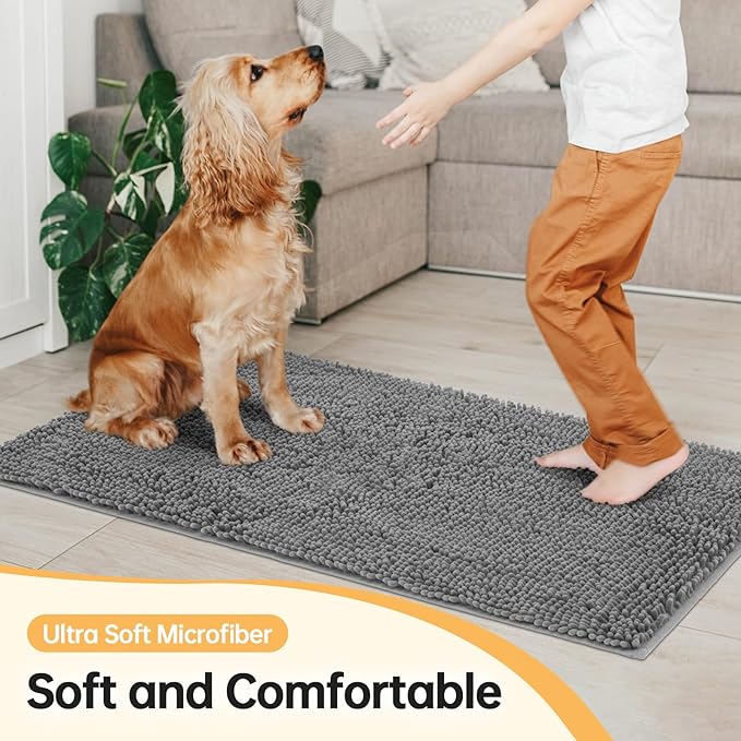 Absorbent Dog Door Mat for Muddy Paws, 72" x 24" Chenille Indoor Mats for Entryway, Trap Dirt Front Door Mat Indoor Entrance Washable Non Slip Soft Light Grey