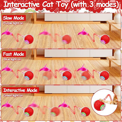 Interactive Cat Toy Ball - Christmas Cat Toys for Indoor Cats with Feather Tails for Chasing, Moving Stimulation Smart Cat Toy for Enrichment, Motion Activated Automatic Rolling Toys to Keep Them Busy