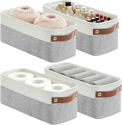Small Fabric Storage Baskets, 15x6x5 inch Narrow Storage Bins 4-Pack Long Storage Basket for Organizing with Handles, Decorative Basket for Closets, Shelves, Toilet Paper, Grey