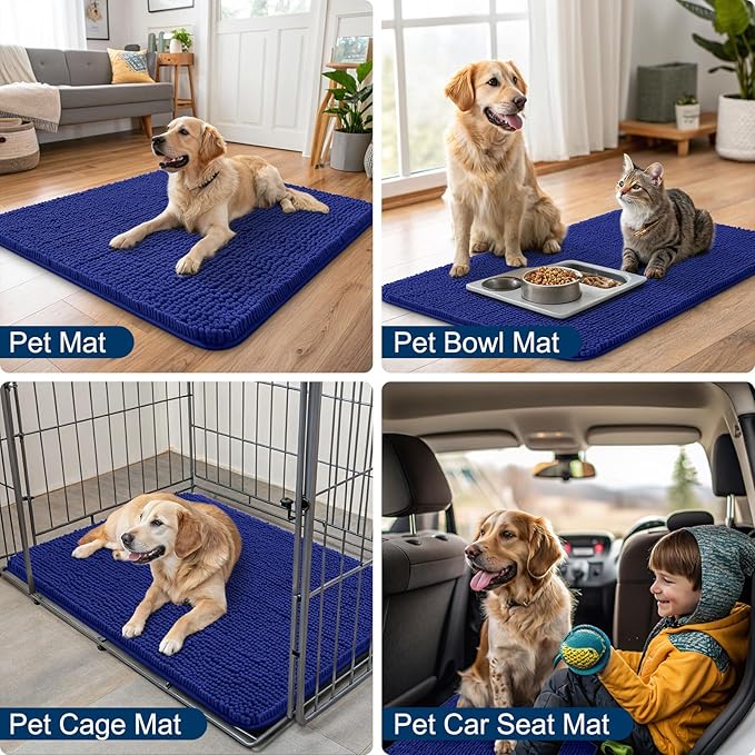 Smiry Dog Door Mat for Muddy Paws 47x32, Absorbs Moisture and Dirt Doormat, Non-Slip Washable Quick Dry Chenille Front Door Mat Indoor Entrance, Entryway Carpet for Inside Floor, Navy Blue