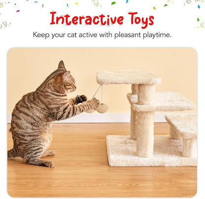 15''H Multi-Step Pet Stairs for High Beds & Sofas, 3-Step Cat Stairs with 2 Toy Balls, Wide Boards for Indoor Kittens Dogs Pets Climbing, Beige