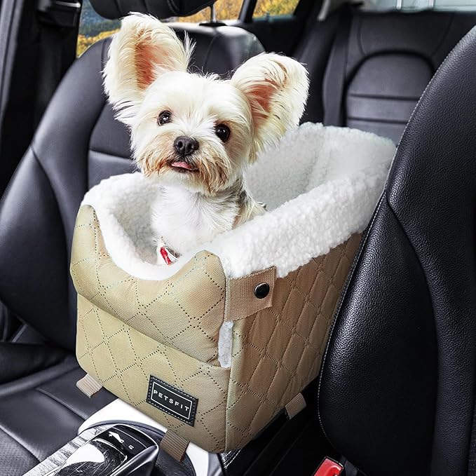 PETSFIT Dog Car Seats for Small Dogs with Safe Protection Hooks, Small Dog Car Seat with Upgraded Safety Tethers, Washable Cushion, Center Console Dog Car Seat (Yellow)