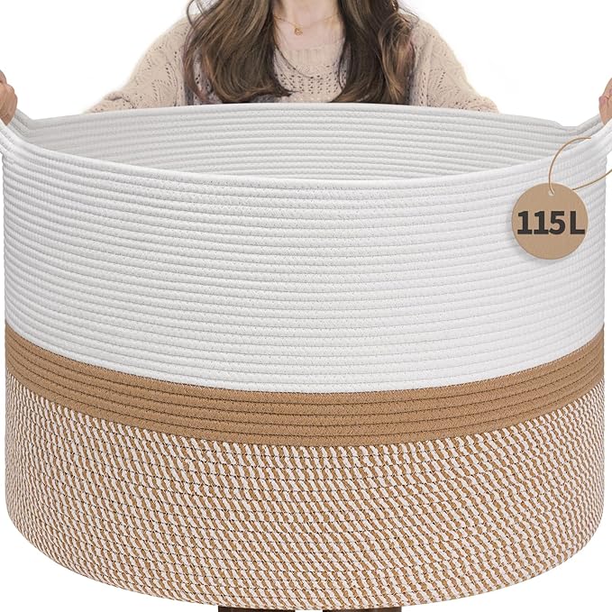 INDRESSME 115L Extra Large Cotton Rope Basket, Woven Baby laundry Blanket Basket for Home Decor Living Room Nursery, Toy Storage Baskets for Kids Boys Girls, White & Camel Mix