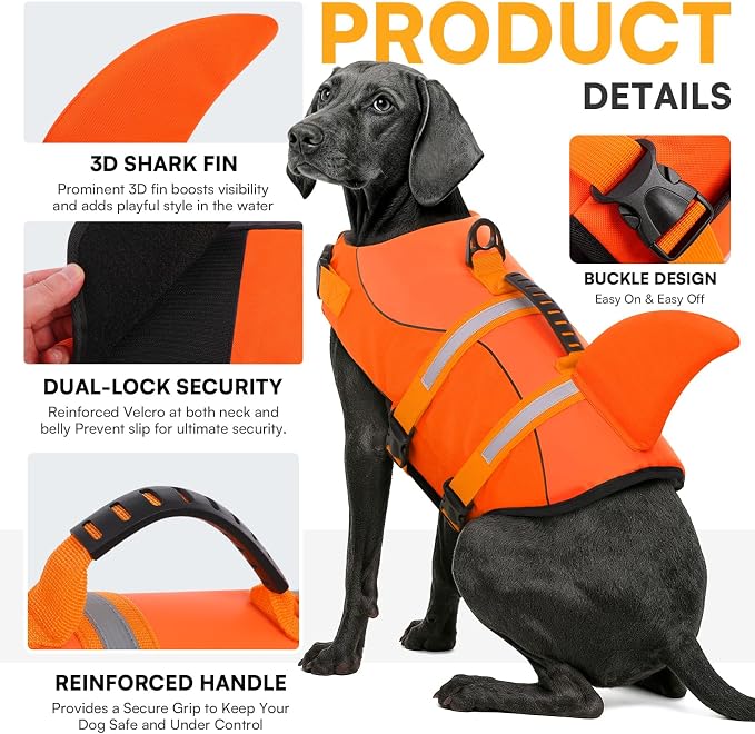 Dog Life Jacket, Dog Life Vest for Swimming, Puppy Shark Swimming Vest with Rescue Handle, Reflective Adjustable Pet Lifesaver Preserver for Small Dogs, Orange XS