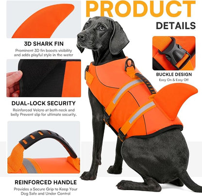 Dog Life Jacket, Dog Life Vest for Swimming, Puppy Shark Swimming Vest with Rescue Handle, Reflective Adjustable Pet Lifesaver Preserver for Small Dogs, Orange XS