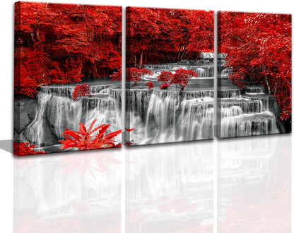 Yxbhhym Black White and Red Waterfall Canvas Wall Art Forest Paintings Waterfall Artwork for Wall Print Landscape Wall Picture for Living Room Wall Decor Large Framed Wall Art -24x48inches