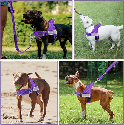 SlowTon No Pull Dog Harness with Front Clip - Heavy Duty, Soft Padded | Neck & Chest Adjustable, Tactical Pet Vest and Leash Set for Large Medium Sized Dogs, for Easy Walk & Training, Purple XL