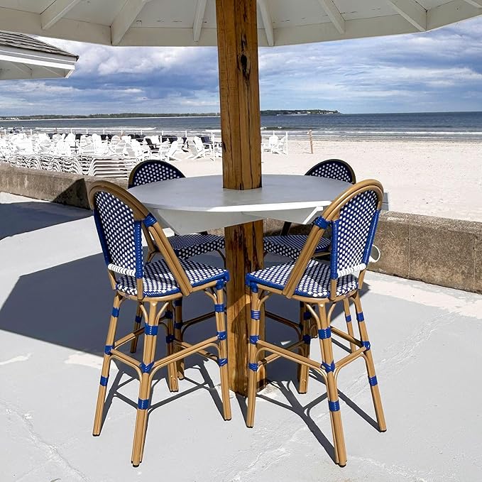 PURPLE LEAF French Counter Height Bar Stool Set of 2 25" Bamboo Print Finish Patio Bar Chairs with Back Rattan Bar Chairs French Bistro Set for Kitchen Outdoor Counter Stool Royal Blue