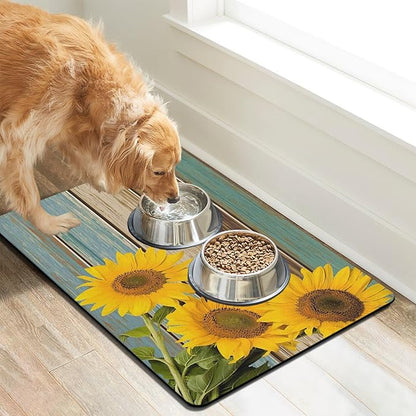 Dog Food Mats for Floors Absorbent, Cat Food Mat - Pet Cat Feeding Mat Quick Dry, Dog Bowl Mats for Water, Pet Supplies Feeding Placemat 16" x 24" Sunflower