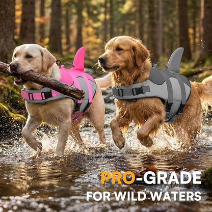 Dog Life Jacket Ripstop Dog Safety Vest Adjustable Preserver with High Buoyancy and Durable Rescue Handle for Small,Medium,Large Dogs, Grey Shark Medium