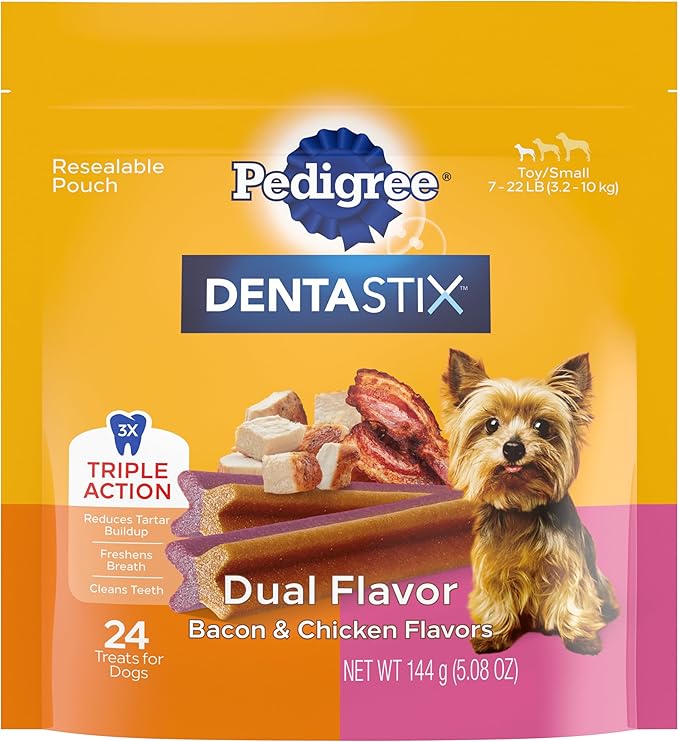 Pedigree Dentastix Dual Flavor Small Dog Dental Treats, Bacon & Chicken, 5.08 oz. Bag (24 Treats)