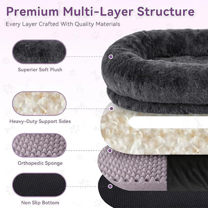 Dark Grey Human Dog Bed - 71''x45''x12'' Size Fits You and Pets | Washable Faux Fur Pet Bed for People Doze Off, Napping Orthopedic Dog Bed, Present Plump Pillow, Blanket, Strap