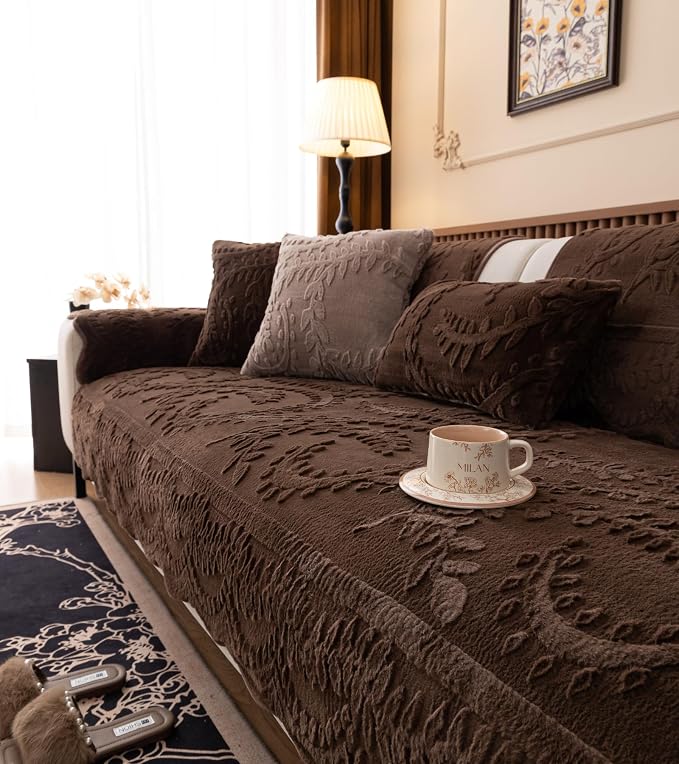 Fuzzy Rabbit Plush Sofa Cover Cozy Warm Sofa Couch Covers with 3D Jacquard Leaf Pattern Non-Slip Easy-to-Install Shaggy Sofa Slipcover Prefect for Kids Dogs Cats Cats(Caramel,36"x82")