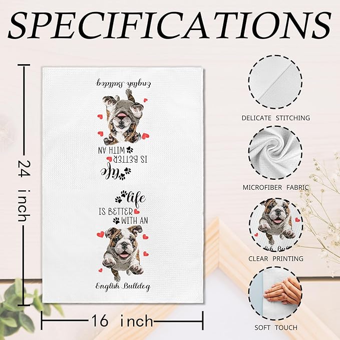 English Bulldog Gifts Kitchen Towels Set of 2, English Bulldog Decor, Dog Funny Hand Towels for Kitchen Bathroom Decor, Gifts for Dog Lovers Owners Women Men Dishcloths Dish Towel 16X24 Inches